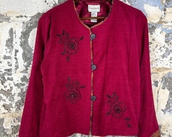Vintage Y2 Napa Valley Petites Magenta Pink Beaded Floral Tapestry Trim Jacket S