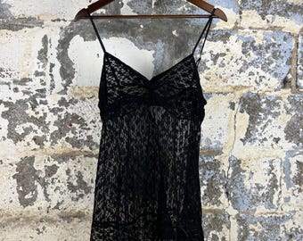Vintage Cinema Etoile Black Floral Lace Babydoll Camisole Top Medium Sheer Bows