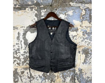 Vintage A-1 Imports Mens Black Leather Vest Lace Up Sides Motorcycle Biker