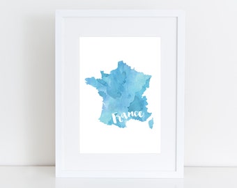 France - map , blue / gold , digital wall art deco