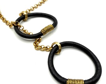 Collar de aro de cuero - Collar de cadena rolo dorada