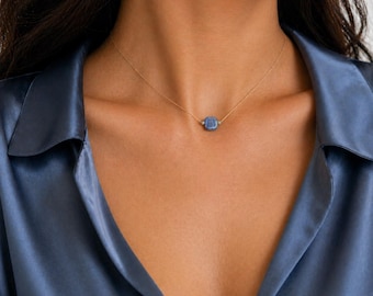 Kyanite Necklace • Floating Silk Cord Necklace • Metal Free • Minimal Blue Stone • Adjustable Choker • Waterproof