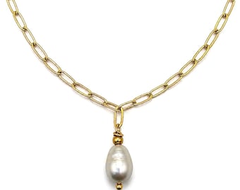Collar de perlas de agua dulce, collar de una sola perla, cadena de latón sin tratar, cadena minimalista de oro tipo clip, gargantilla ajustable, joyería para el día a día.