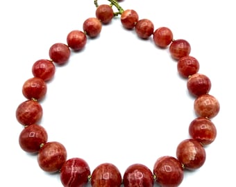Strawberry Calcite Beaded Necklace / Hand knotted / Metal Free / Natural Pink Gemstone Statement Piece