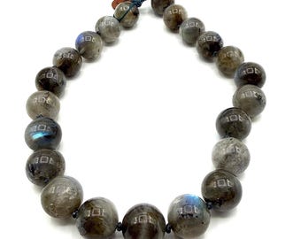 Large Labradorite Bead Necklace, Chunky Round Gemstone Statement Necklace, Hand Knotted Natural Labradorite Jewelry