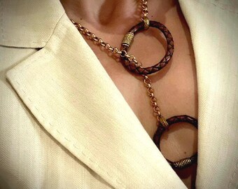 Collar de aro de cuero - Collar de cadena rolo dorada