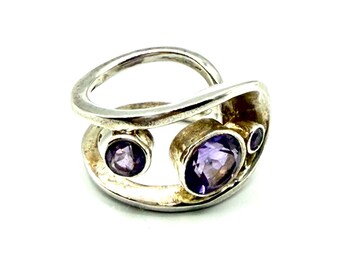 Anillo de amatista en plata de ley • Anillo escultural ajustable, talla 7-8-9