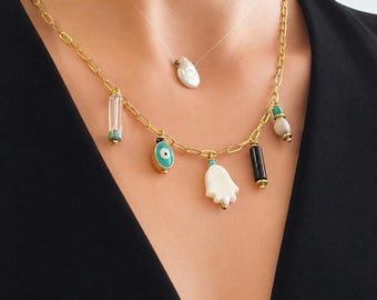 Collar con dije de piedras preciosas naturales, ojo turco y hamsa, cadena de latón macizo, collar dorado ajustable, joyería hecha a mano para combinar con otras joyas.