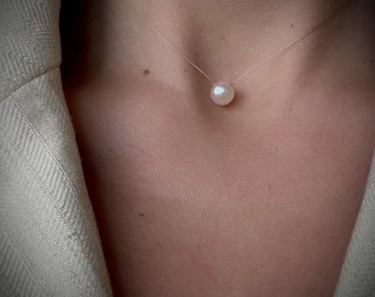 Collar nupcial de perlas flotantes • Collar de una sola perla • Joyería minimalista sin metal • Delicado regalo diario/de novia