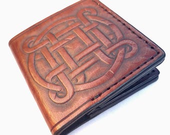 Celtic Tooled Leather Wallet – Hand-Carved Veg-Tan EDC 4-Pocket + Cash Sleeve, Bushcraft Gift for Him