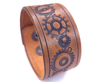 Hand Tooled Leather Arm Cuff – 1.5" Wide Adjustable Bracelet for Cosplay, Bushcraft & Steampunk Wear