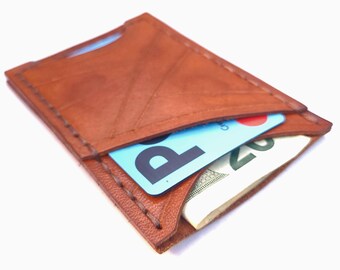 Minimal Leather Wallet – Handmade Veg-Tan EDC Slim Card Holder, 8 Cards + Cash – Bushcraft Gift