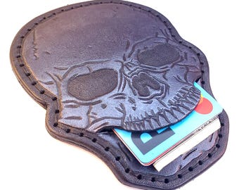 Leather Wallet - Minimal Skull - ID and Cash Holder - Handmade In The USA