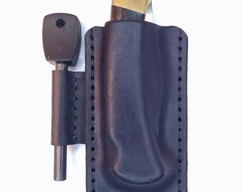 Leather Knife Sheath - Buck 110 Friction Fit Concealed Carry Holster w/ Fire Starter Loop - Horizontal Cross Draw Side Scout