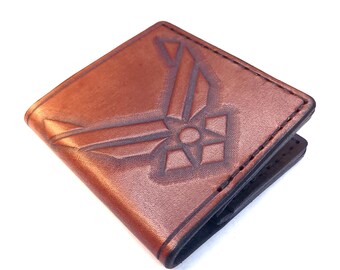 Air Force Tooled Leather Wallet – USAF Wallet Bifold Hand Carved Veg-Tan EDC 4-Pocket + Cash Sleeve, Bushcraft Gift