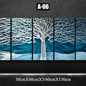 Arte de pared de metal moderno: Escultura abstracta de árbol azul plateado