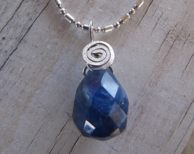 Sodalite Gemstone Pendant, .925 Sterling Silver Handmade Wire Wrapped Necklace, Faceted Teardrop Briolette Bead, Blue Polished Stone