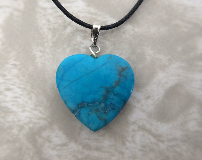 Heart Shape Gemstone Pendant - Turquoise Dyed Howlite, Carved Crystal Heart Necklace, Charm, Bead, Natural Stone Jewelry on Adjustable Cord