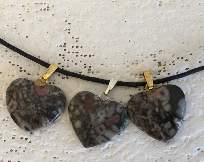 Crinoid Fossil Jasper Heart Pendant, Gemstone Heart Necklace, Fossil Stone Heart Charm on Adjustable Cord, Natural Gemstone Crystal Jewelry