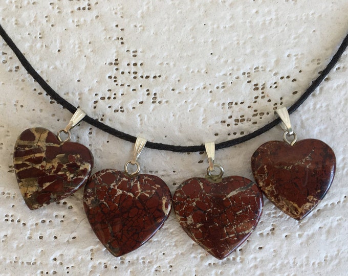 Brecciated Jasper Heart Shaped Carved Gemstone Pendant, Red & Brown Jasper Gemstone Heart Crystal Necklace on Silver Tone Chain, Heart Charm