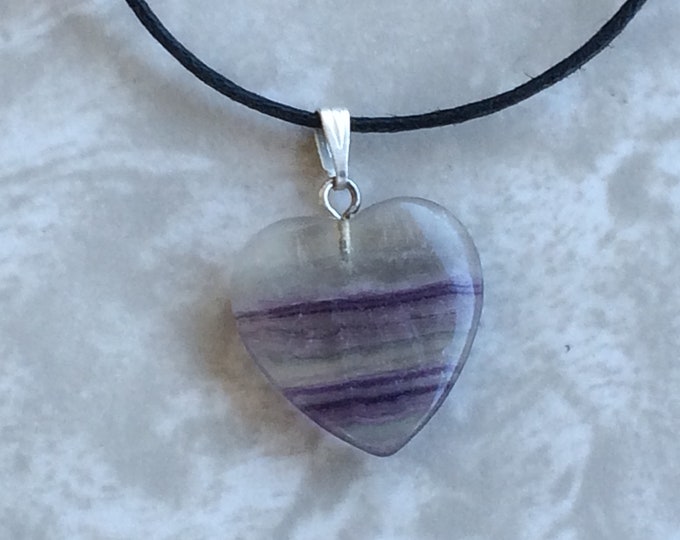 Banded Fluorite Heart Shape Pendant, Banded Fluorite Gemstone Necklace on Black Cotton Cord, Purple Crystal Heart Necklace, Fluorite Bead