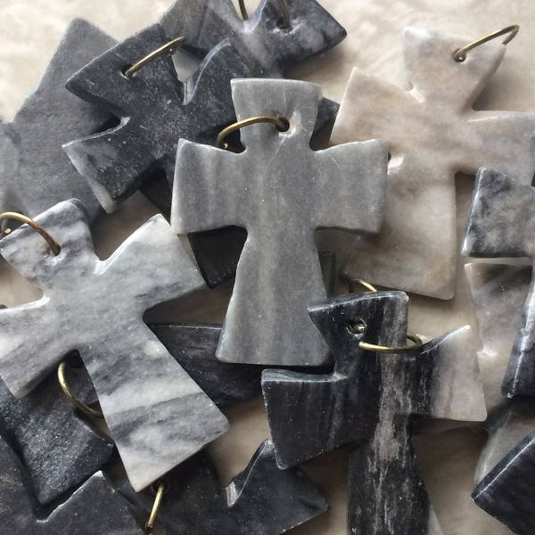 Onyx Cross Carved Gemstone Pendant, Gray Marbled Onyx Stone Roman Cross Necklace Black Cord, Mexican Onyx, Christian Jewelry Cross Pendant