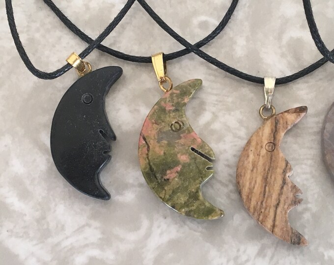 Crescent Moon Gemstone Pendant, Quarter Moon Crystal Necklace, Choice of stone Celestial Moon Pendant w Necklace Cord, Natural Stone Jewelry