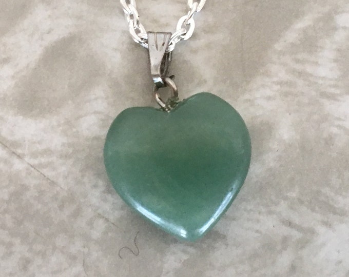 Aventurine Puffy Heart Necklace, Green Aventurine Gemstone Pendant, Crystal Necklace, Heart Charm Green Stone Jewelry w/ 24" silver chain
