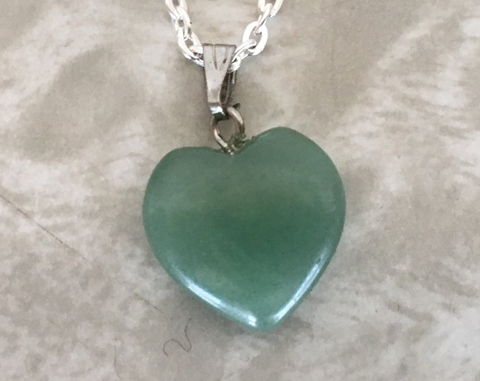 Aventurine Puffy Heart Necklace, Green Aventurine Gemstone Pendant, Crystal Necklace, Heart Charm Green Stone Jewelry w/ 24" silver chain