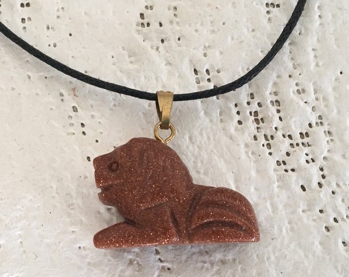 Goldstone Lion Pendant, Sparkly Copper Gemstone Lion Necklace, Goldstone Carved Lion, Leo Zodiac Charm Bead, Natural Carved Stone Jewelry