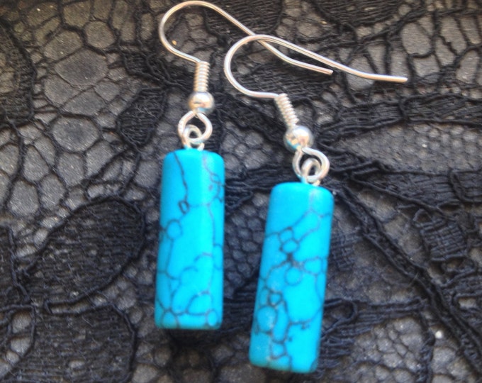 Turquoise Cylinder Shape Earrings,  Tube Shape Dangle Earrings, Turquoise Color Howlite