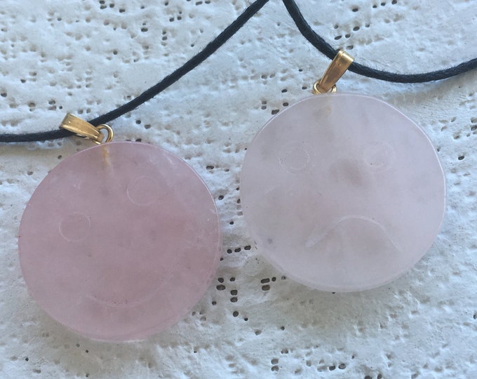 Happy Face / Sad Face Carved Gemstone Mood Pendant Pink Rose Quartz, Two-Sided Mood Charm Smile or Frown, Natural Jewelry Crystal Necklace