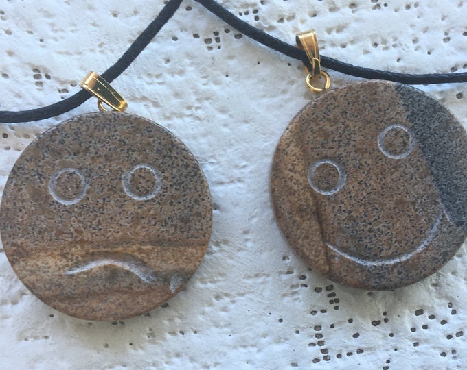 Happy Face / Sad Face Mood Pendant, Picture Jasper (Desert Jasper) 2-Faced Smile / Frown, Gemstone Charm, Natural Jewelry Crystal Necklace