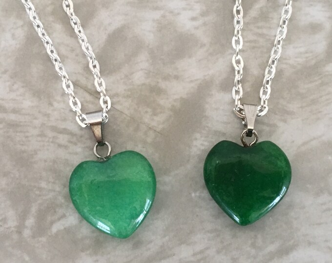 Green Quartz Puffy Heart Necklace, Dyed Green Quartz Gemstone Pendant, Crystal Necklace, Heart Charm Green Stone Jewelry w/ 24" silver chain