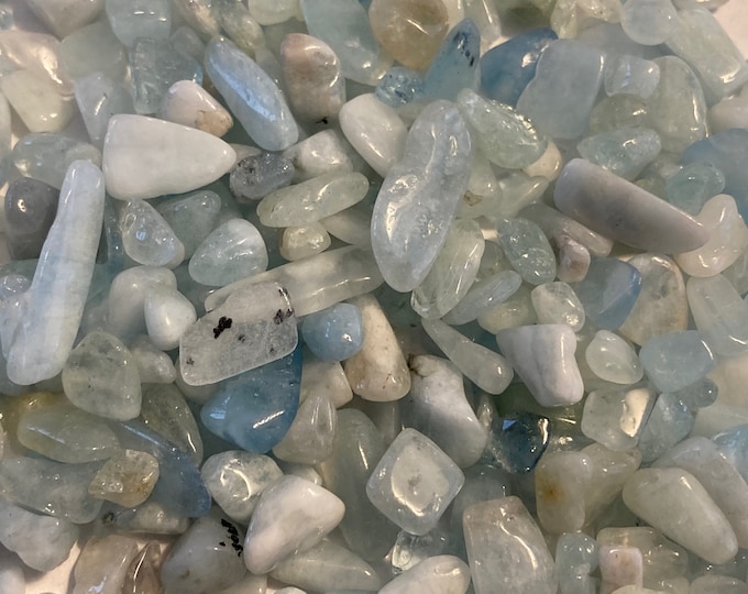 Blue Aquamarine Gemstone Pebbles, lot of 100 tiny tumble polished stone chips for gem trees, natural craft, charms, candles, Mixed Quality