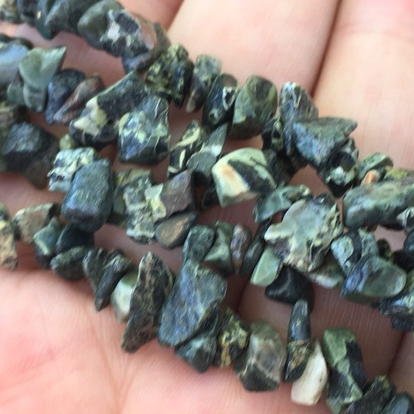 Salamander Oolite Jasper Gemstone Chip Strand 32" Full Strand Beads, Tumble Polished Gemstone Chip Necklaces, Drilled Pebble Small Chips