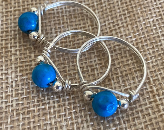 Blue Howlite Turquoise Round Gemstone Wire Wrapped Ring in .925 Sterling Silver, Assorted Size Sterling Silver Dyed Howlite Bead Rings