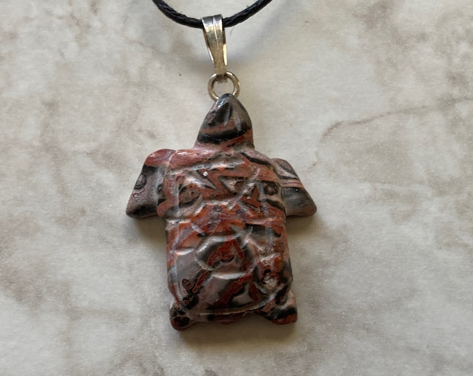 Leopardskin Jasper Turtle Shape Pendant, Leopard Skin Jasper Tortoise Shape Necklace on Adjustable Cord, Natural Stone Jewelry
