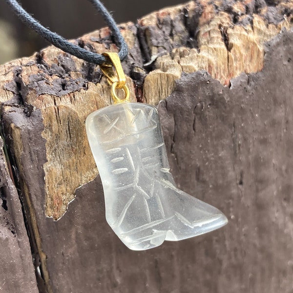Clear Polished Quartz Boot Shape Carved Gemstone Pendant, Polished Quartz Cowboy Boot Shape Necklace on Adjustable Cord, Stone Jewelry