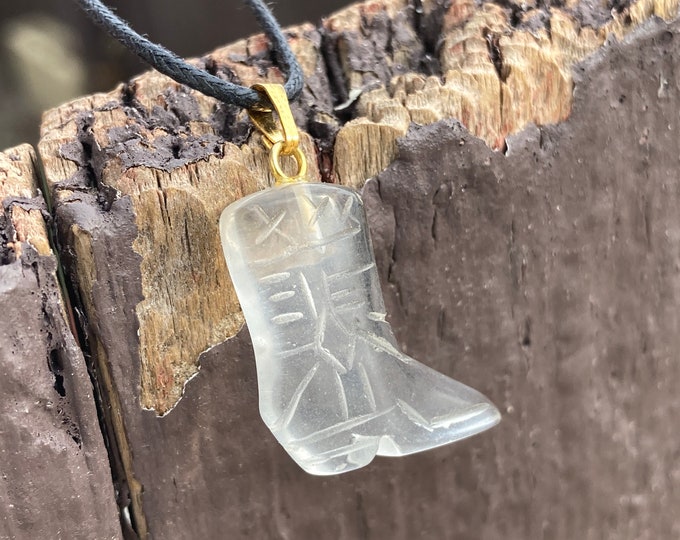 Clear Polished Quartz Boot Shape Carved Gemstone Pendant, Polished Quartz Cowboy Boot Shape Necklace on Adjustable Cord, Stone Jewelry