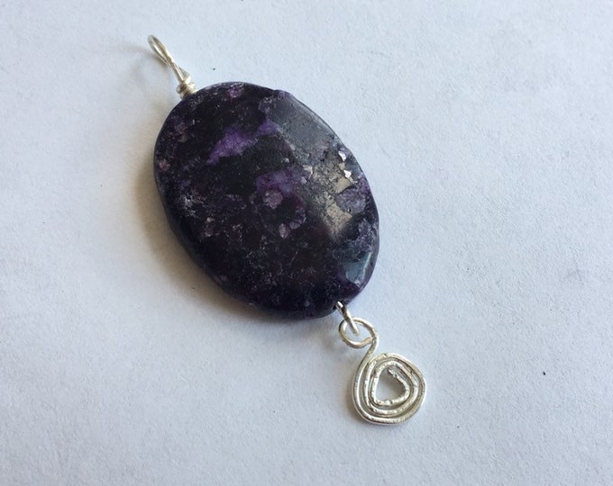 Purple Granite Amulet Necklace, Natural Dyed Granite, Bohemian Spiral Accent, Purple Stone Boho Necklace, Freeform Wire Wrapped Pendant