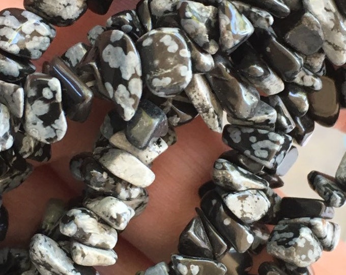 Snowflake Obsidian Gemstone Chip Strand 32" Full Strand Beads, Tumble Polished Crystal Gemstone Chip Necklaces, Drilled Pebble Small Chips