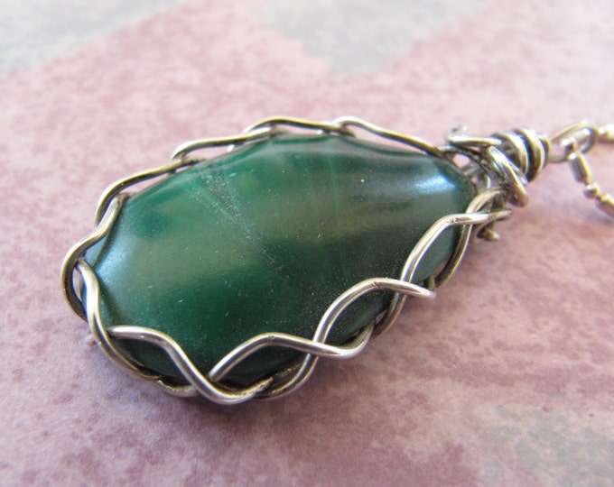 Green Malachite Gemstone Pendant, .925 Sterling Silver Handmade Wire Wrapped Necklace, Natural Freeform Polished Stone, Reiki Chakra Crystal