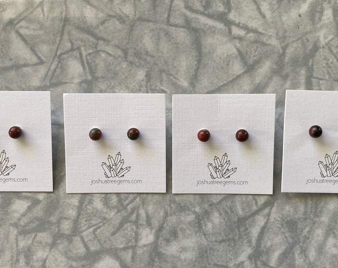 Red Brecciated Jasper post earrings, 6mm gemstone ball stud earring pair, surgical steel ear post w/ silicone earring back, crystal jewelry