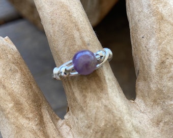 Amethyst Round Gemstone Wire Wrapped Ring in Silver Plated Wire, Assorted Size Silver Plated Wire Purple Amethyst Bead Rings