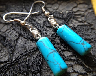 Handcrafted Turquoise Cylinder Shape, Surgical Steel Hook Earrings, Handmade Jewelry, Howlite Turquoise Silver Color Accent Bead