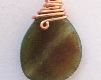 Jade Briolette Teardrop Carved Gemstone Pendant, Handcrafted Copper Wire Wrapped Necklace, Handmade Jewelry