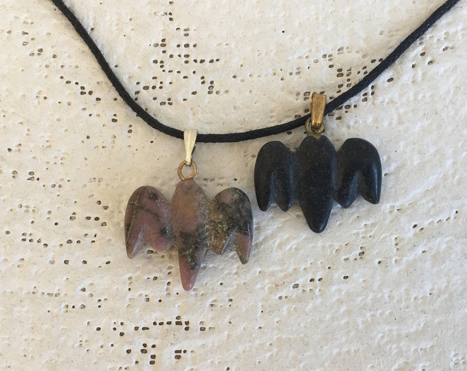 Bat Shape Gemstone Pendant, Carved  Stone Necklace on Adjustable Cord, Healing Stones, Gothic, Christian Jewelry