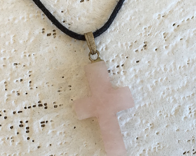 Pink Rose Quartz Cross Shape Gemstone Pendant, Carved and Polished Stone Necklace on Black Cord, Healing Stones, Gothic, Christian Jewelry
