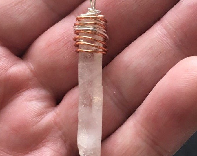Copper and Silver Wire Wrapped Quartz Crystal Pendant, Mixed Wire Wrapped Jewelry, Handmade Necklace, Natural Stone, Joshua Tree Gems